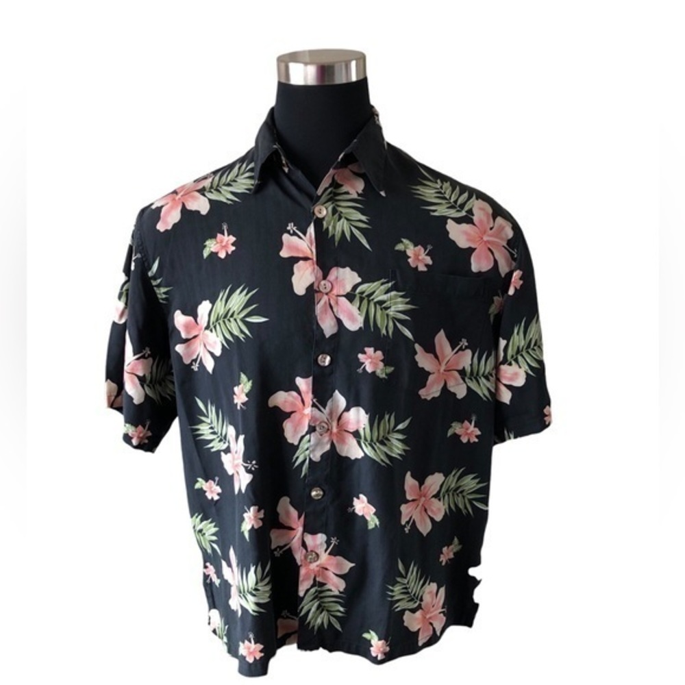 PINEAPPLE MOON Mens LARGE Button Down 100% Silk Short Sleeve Hawaiian Camp Shirt